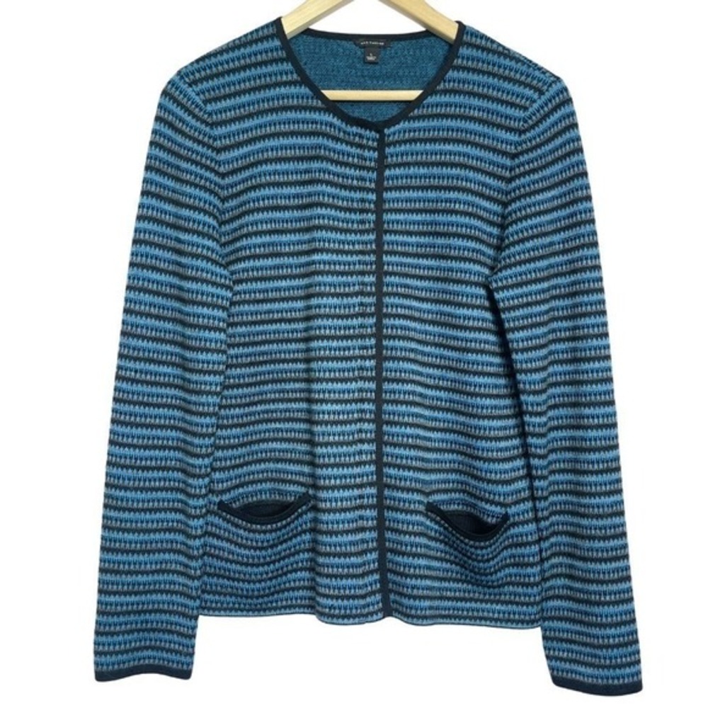 Ann Taylor Cardigan Womens L Blue Striped Full Zip Sweater Jacket‎ Knit Pockets